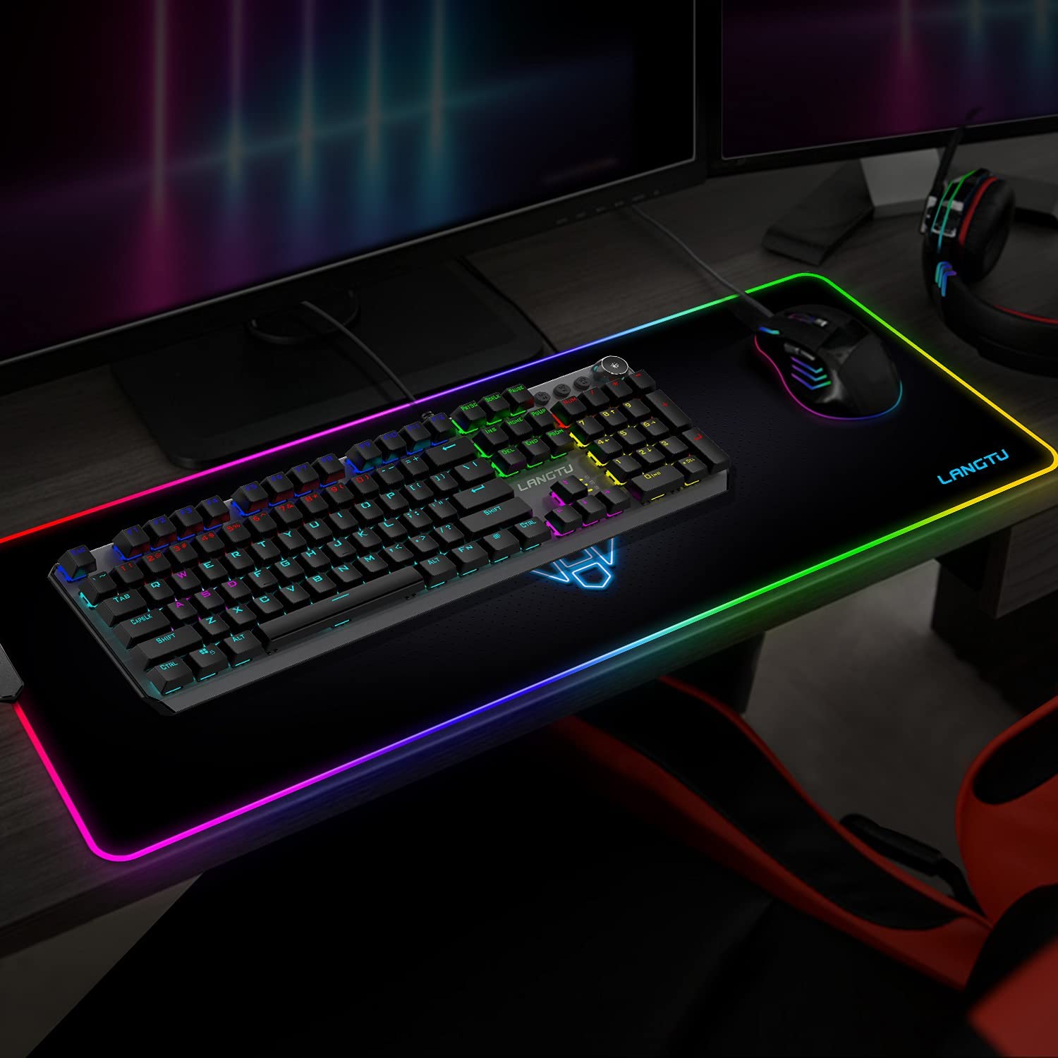 LANGTU Extended XXL Rainbow RGB Mouse Pad with 13 Backlit Modes Black