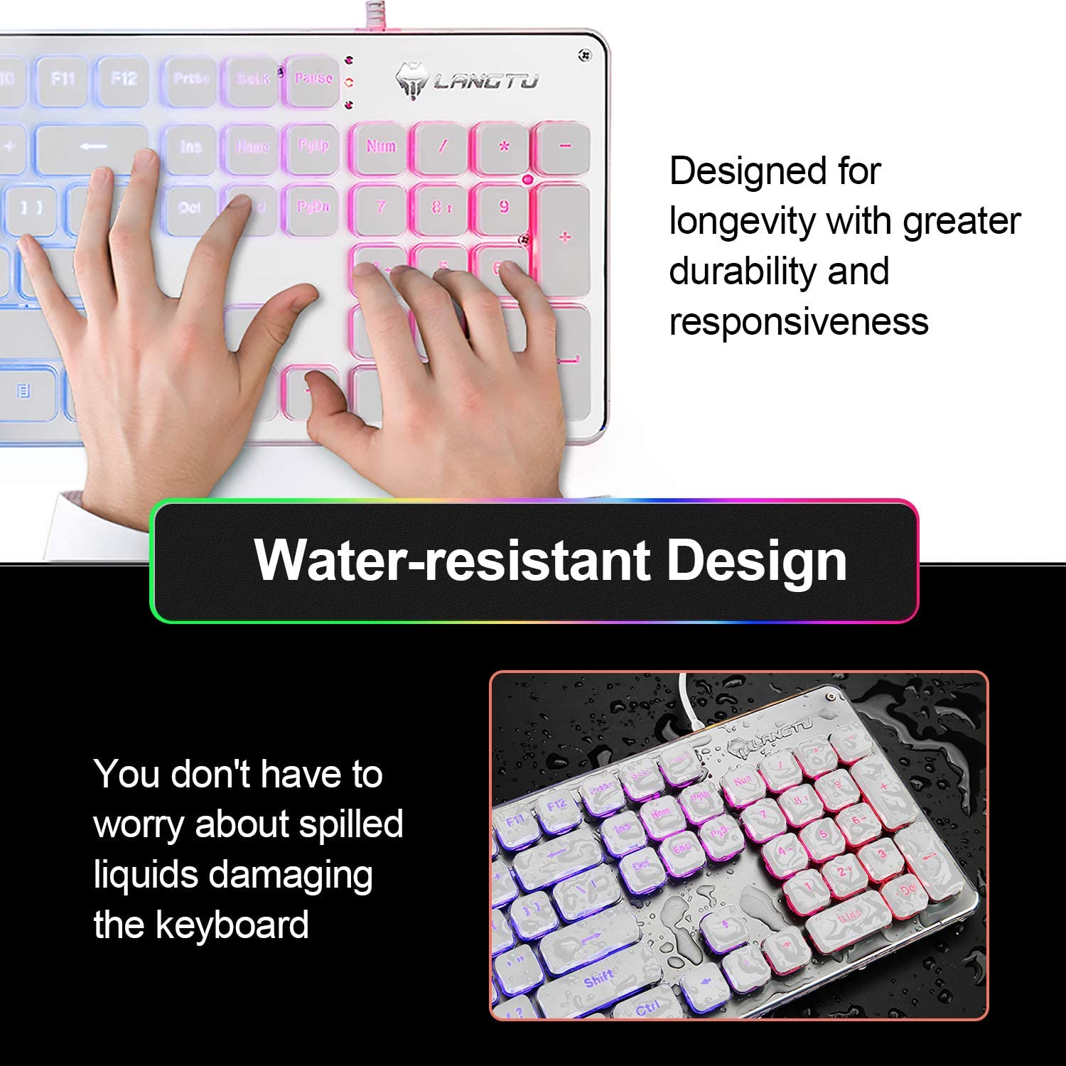 LANGTU L1 Rainbow Backlit All Metal Panel 104-Key Anti-Ghosting Membrane Keyboard White/Silver - LANGTU Store