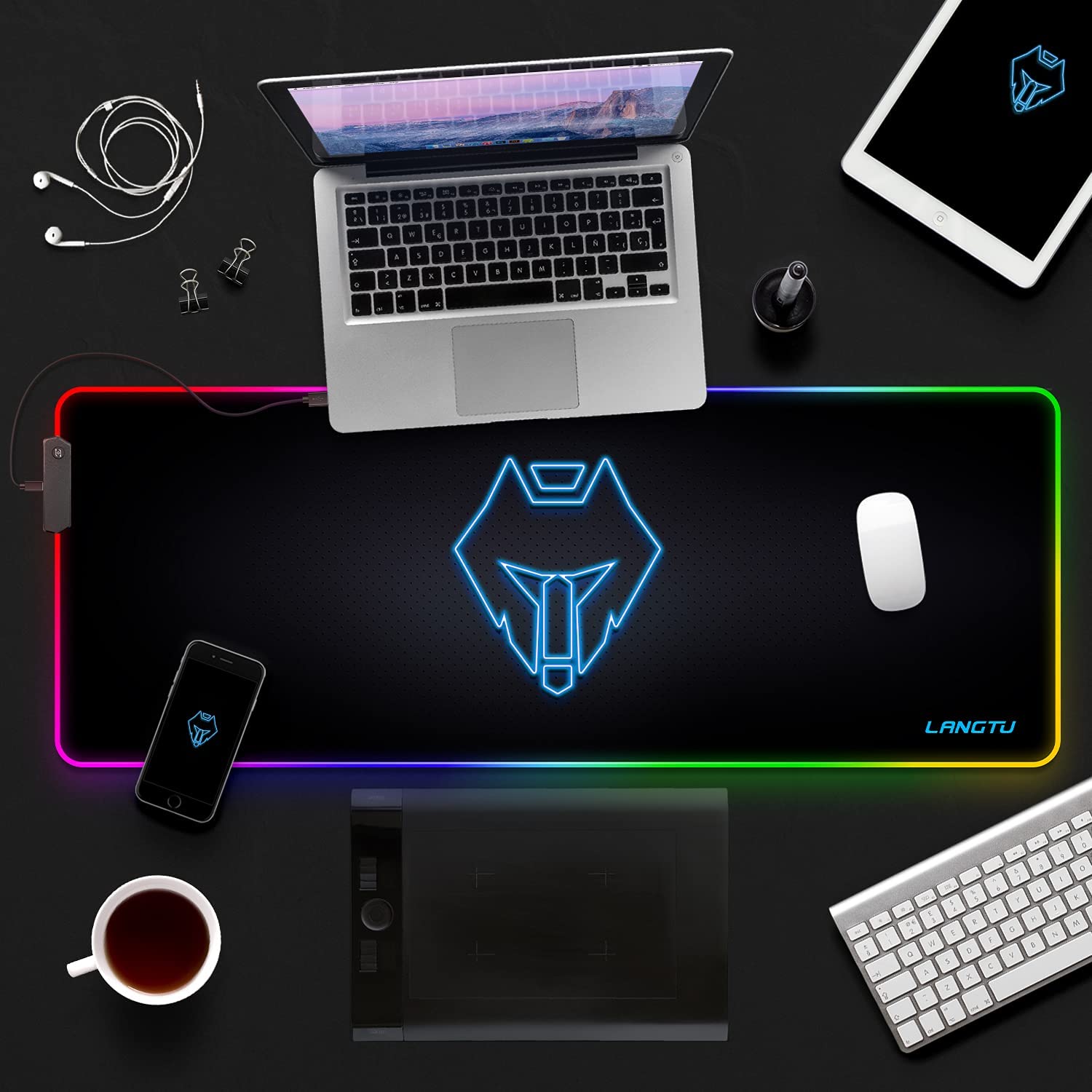 LANGTU Extended XXL Rainbow RGB Mouse Pad with 13 Backlit Modes Black