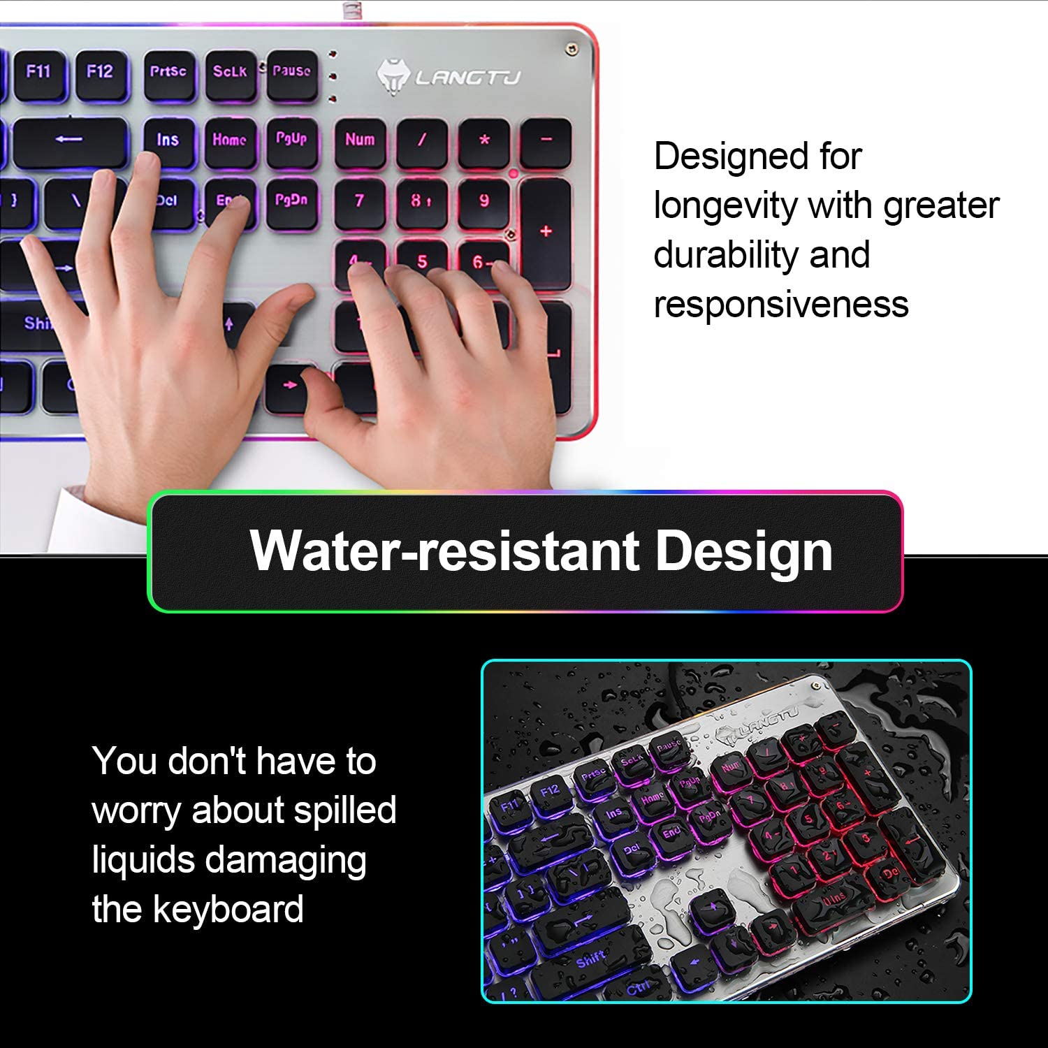 LANGTU L1 Rainbow Backlit All Metal Panel 104-Key Anti-Ghosting Membrane Keyboard Black/Silver - LANGTU Store