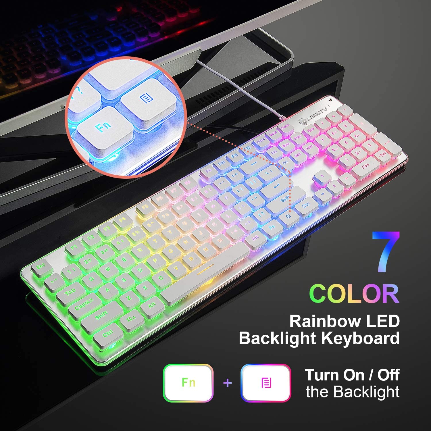 LANGTU L1 Rainbow Backlit All Metal Panel 104-Key Anti-Ghosting Membrane Keyboard White/Silver - LANGTU Store