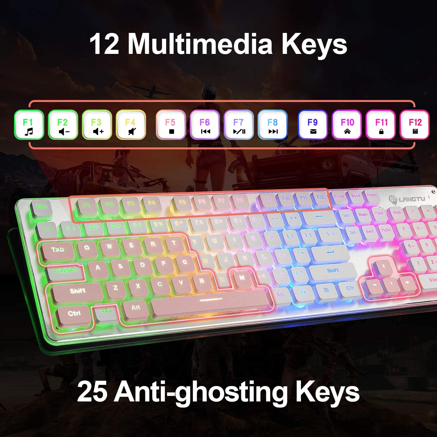 LANGTU L1 Rainbow Backlit All Metal Panel 104-Key Anti-Ghosting Membrane Keyboard White/Silver - LANGTU Store