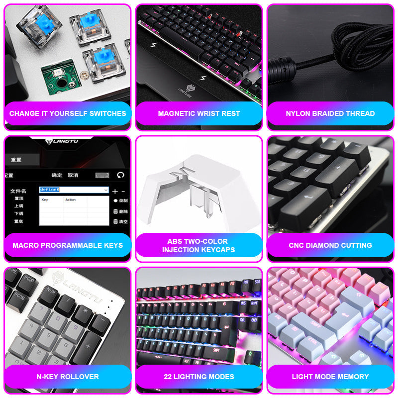 LANGTU G700 Multicolored Macro Programmable 104-Key Anti-Ghosting Full-Metal Mechanical Keyboard with Magnetic Wrist Rest, Replaceable Switches and 22 Backlit Modes - LANGTU Store