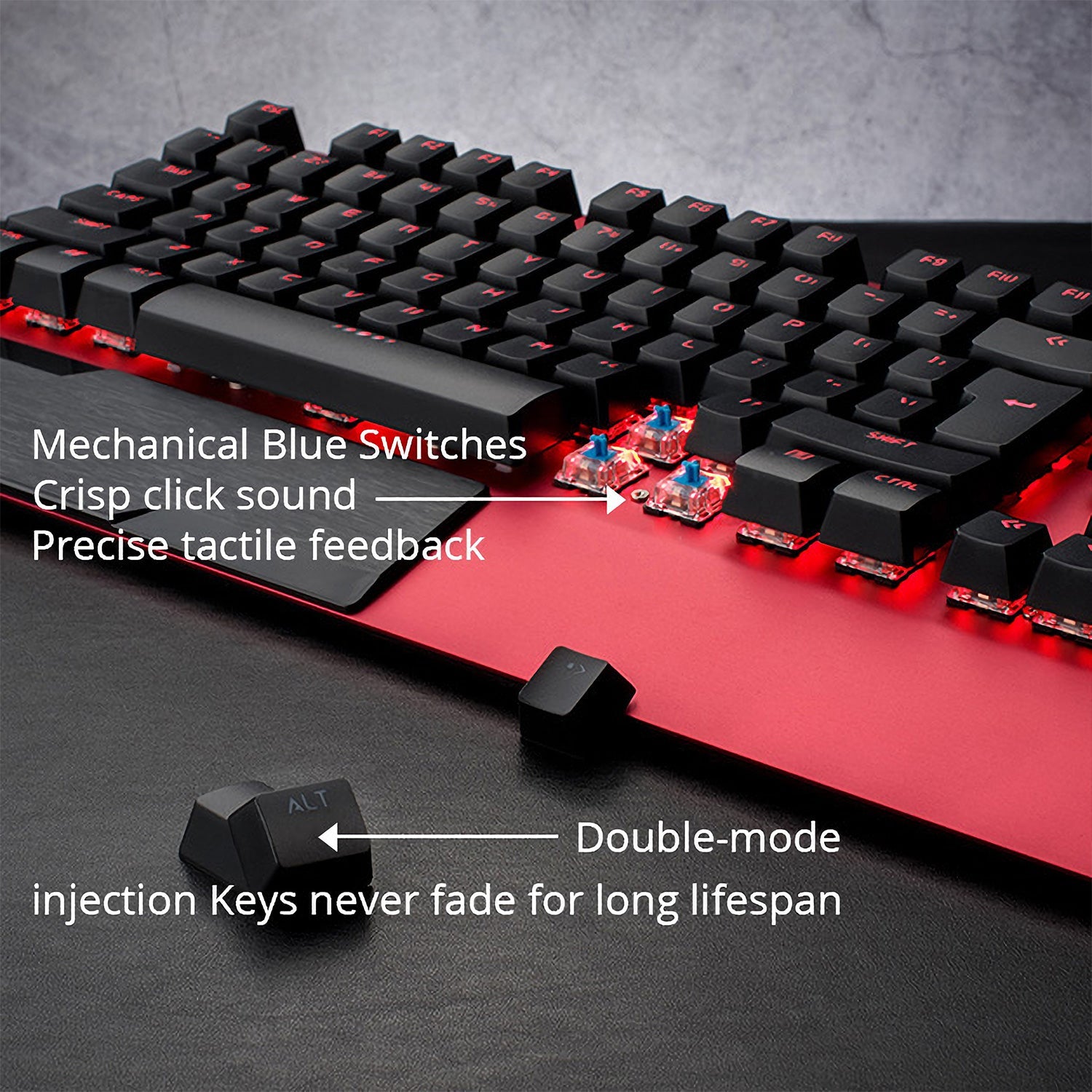 LANGTU K1000 RGB Backlit 104-Key Real Mechanical Keyboard Red with Multi-Function Rotary Knob, Wrist Rest and 8 Backlit Modes