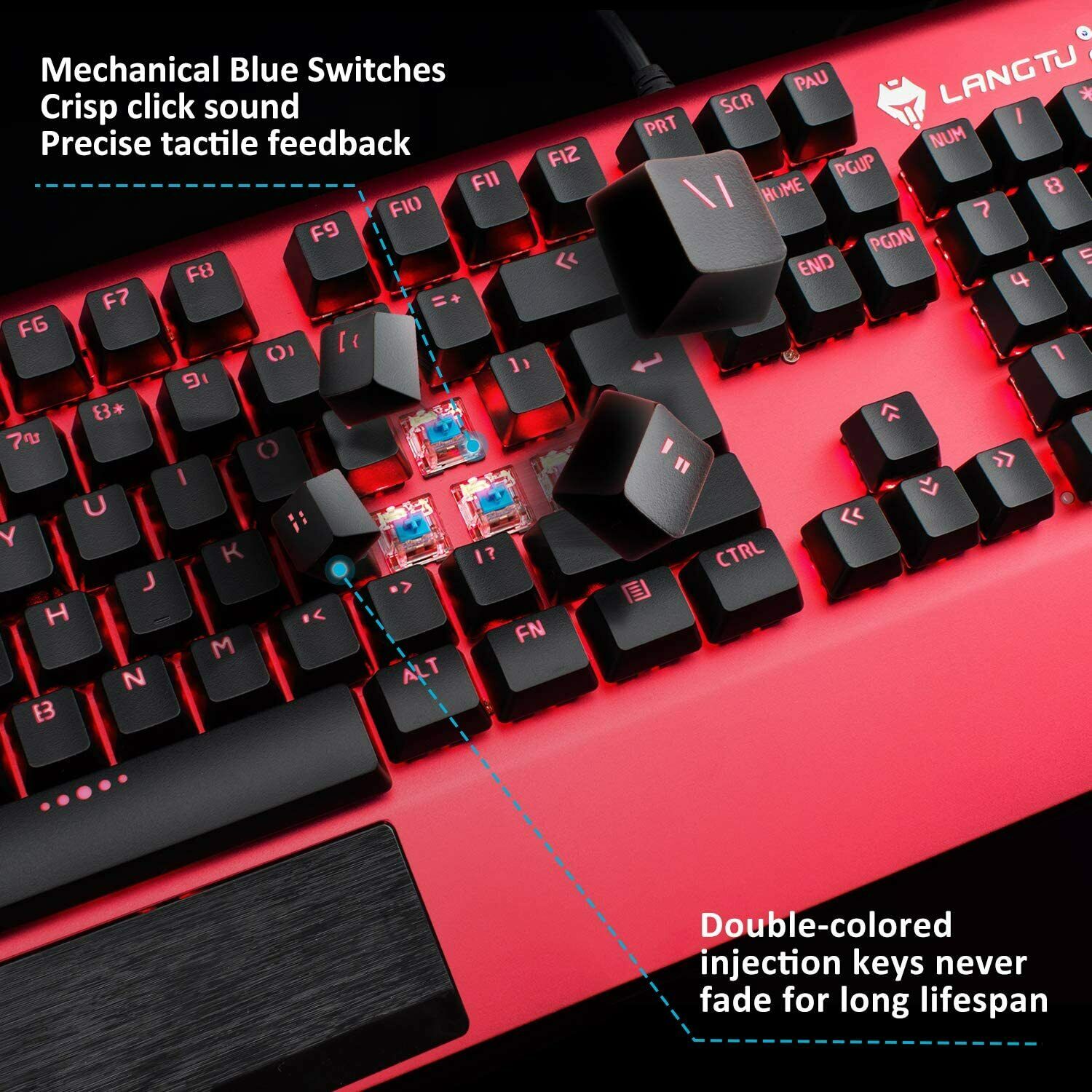 LANGTU K1000 RGB Backlit 104-Key Real Mechanical Keyboard Red with Multi-Function Rotary Knob, Wrist Rest and 8 Backlit Modes