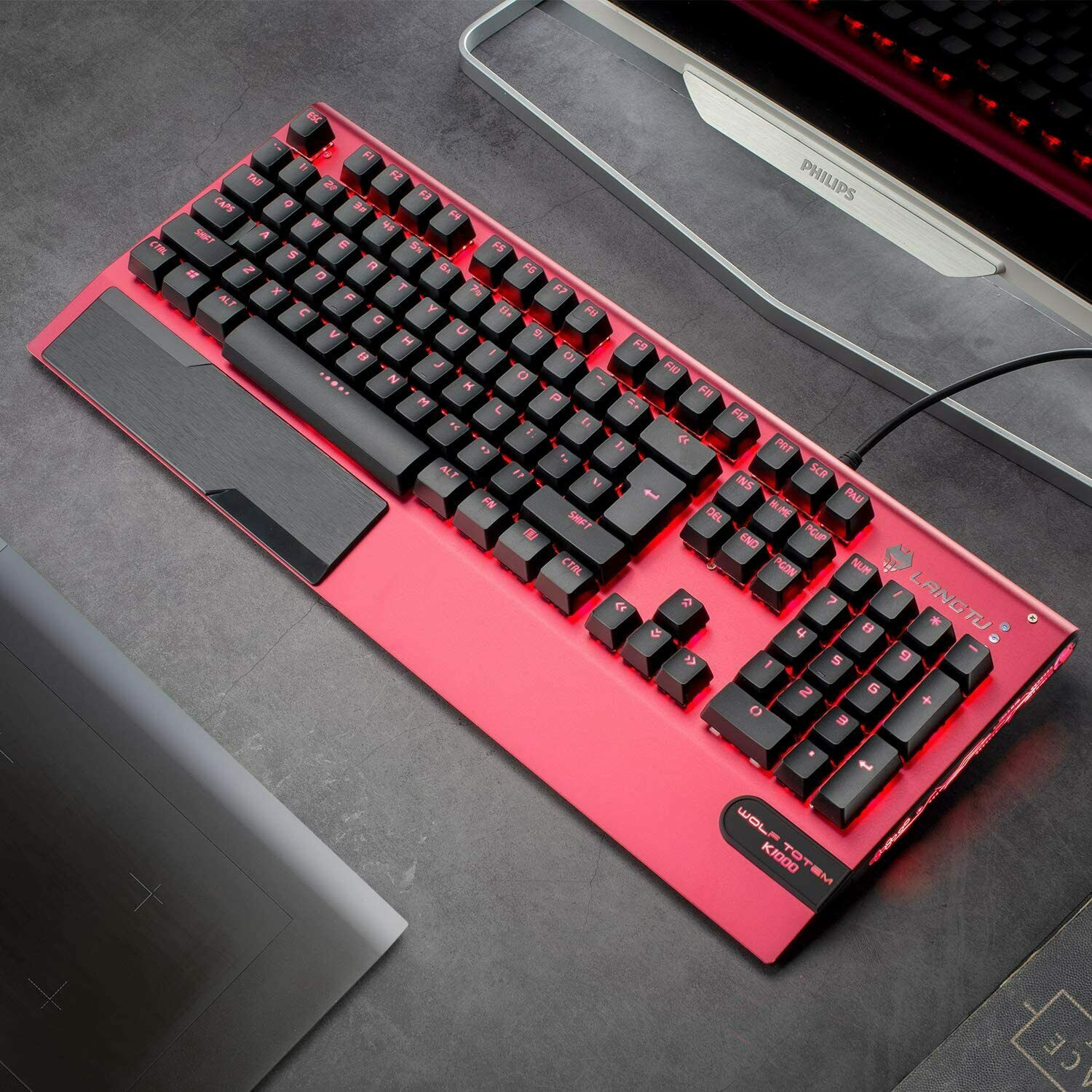 LANGTU K1000 RGB Backlit 104-Key Real Mechanical Keyboard Red with Multi-Function Rotary Knob, Wrist Rest and 8 Backlit Modes