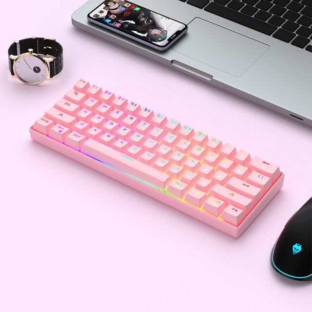 LANGTU G1000 Blue Switch Rainbow RGB Backlit 61-Key Bluetooth 5.0 Wireless Mechanical Keyboard with 3 Connection Modes Pink - LANGTU Store